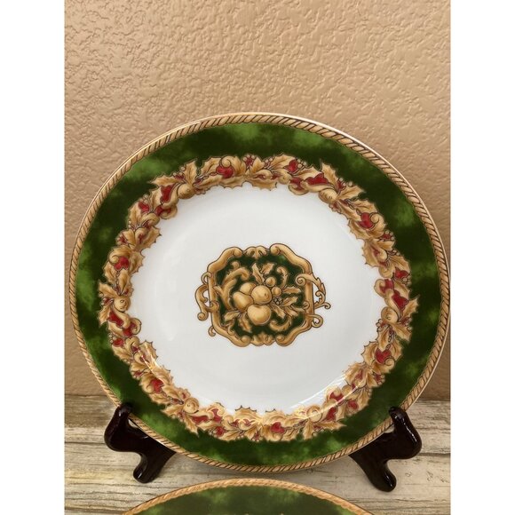 Set of 4 American Atelier Noel Salad Dessert Plates 8” Green Gold Red Holiday - Picture 2 of 13